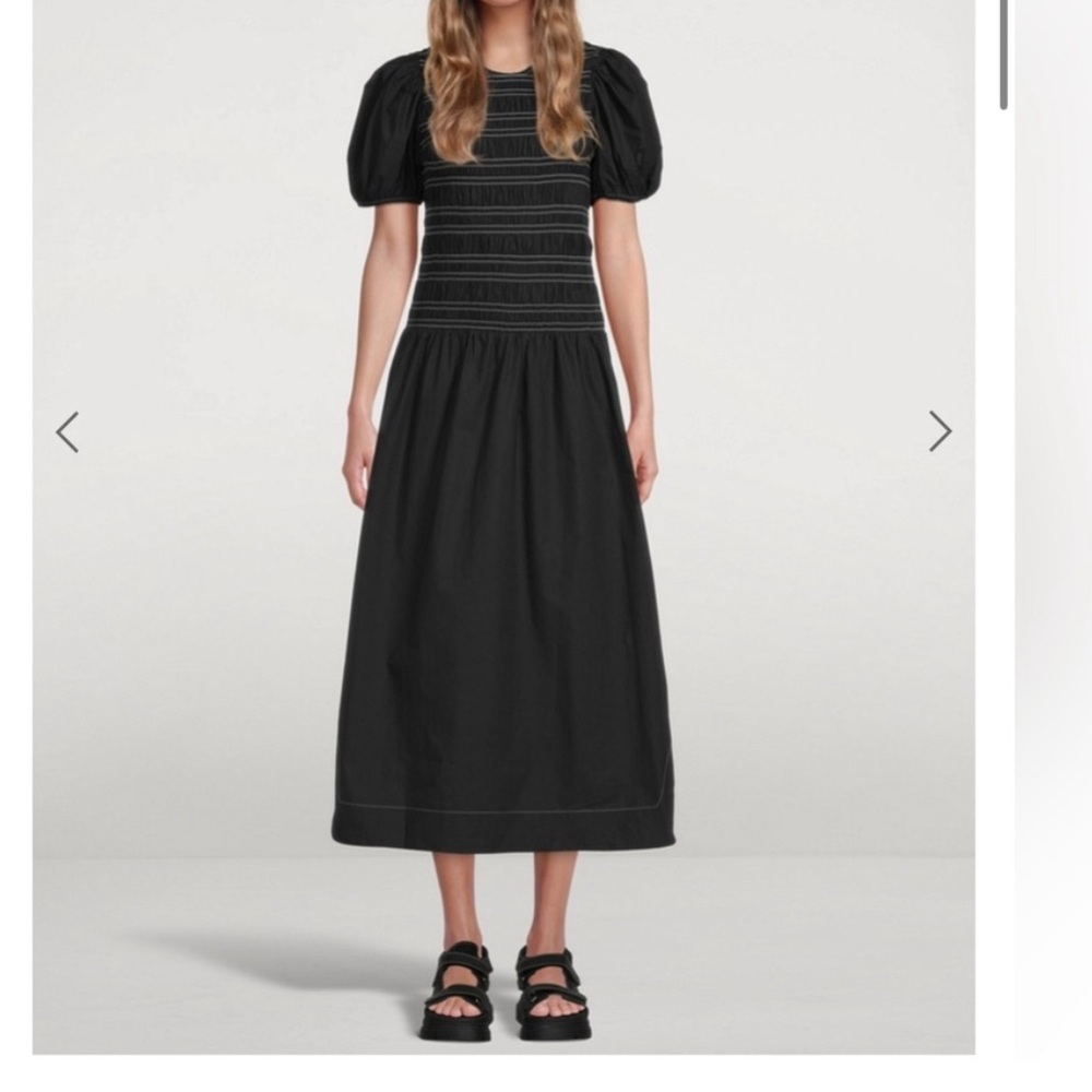 Ganni White Smocked Puff Sleeve Midi Dress